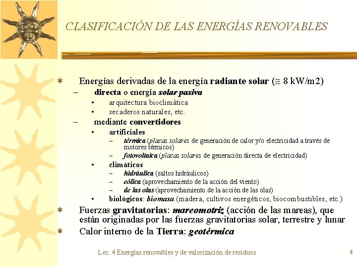 CLASIFICACIÓN DE LAS ENERGÍAS RENOVABLES Energías derivadas de la energía radiante solar ( 8