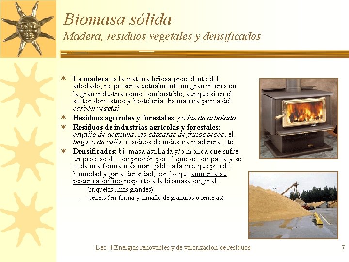 Biomasa sólida Madera, residuos vegetales y densificados ¬ La madera es la materia leñosa