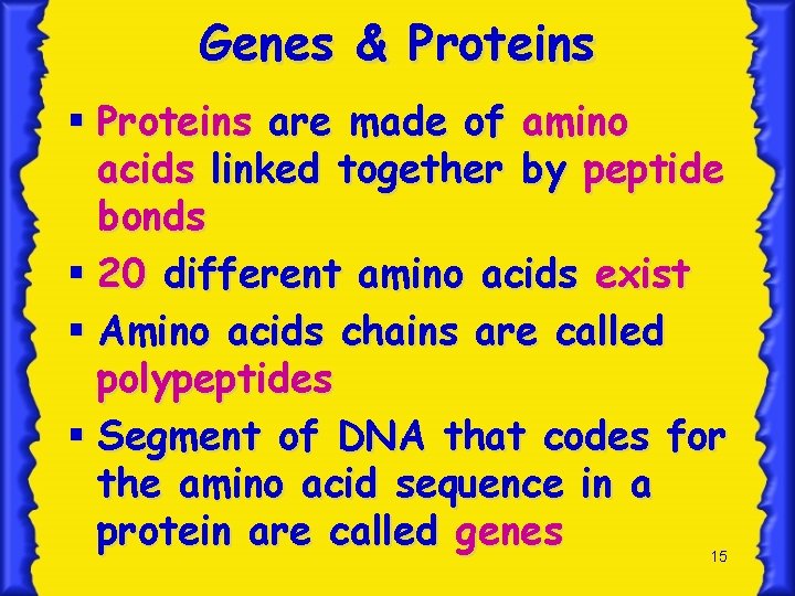 Genes & Proteins § Proteins are made of amino acids linked together by peptide