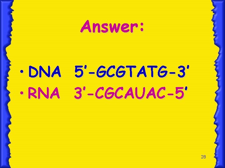 Answer: • DNA 5’-GCGTATG-3’ • RNA 3’-CGCAUAC-5’ 28 