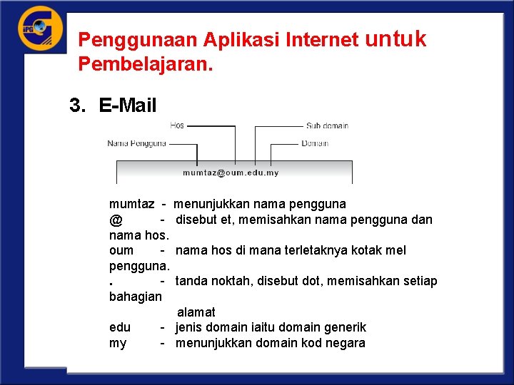 Penggunaan Aplikasi Internet untuk Pembelajaran. 3. E-Mail mumtaz - menunjukkan nama pengguna @ -