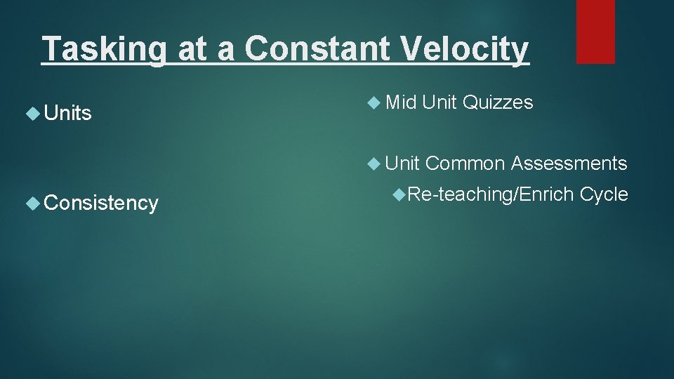 Tasking at a Constant Velocity Units Consistency Mid Unit Quizzes Unit Common Assessments Re-teaching/Enrich Tasking at a Constant Velocity Units Consistency Mid Unit Quizzes Unit Common Assessments Re-teaching/Enrich