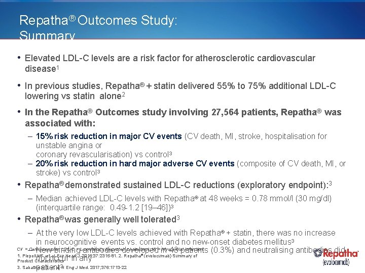 Repatha® Outcomes Study: Summary • Elevated LDL-C levels are a risk factor for atherosclerotic