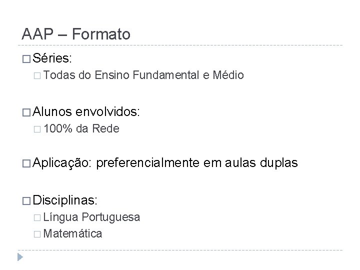 AAP – Formato � Séries: � Todas � Alunos � 100% do Ensino Fundamental