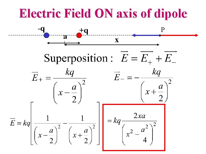 Electric Field ON axis of dipole -q a +q P x 