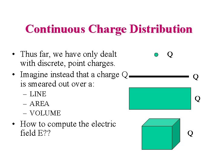 Continuous Charge Distribution • Thus far, we have only dealt with discrete, point charges.
