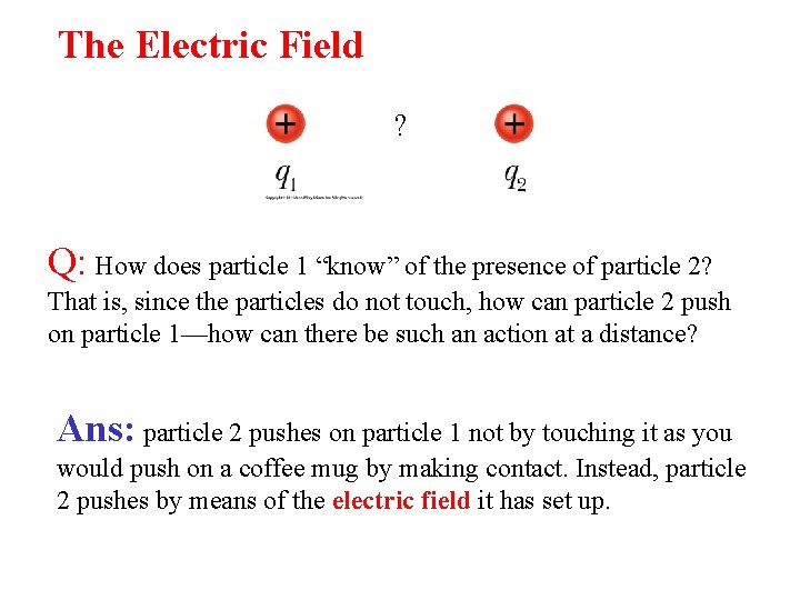 The Electric Field ? Q: How does particle 1 “know” of the presence of