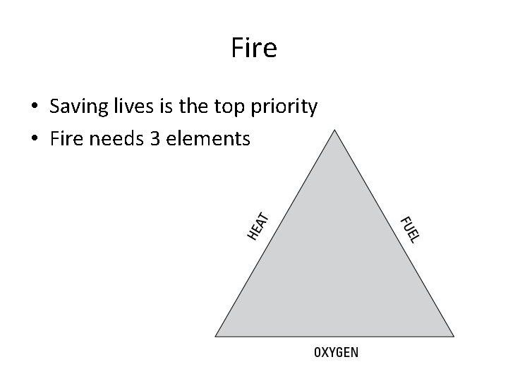 Fire • Saving lives is the top priority • Fire needs 3 elements 