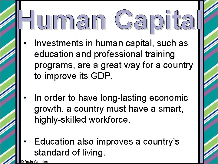 Human Capital • Investments in human capital, such as education and professional training programs,