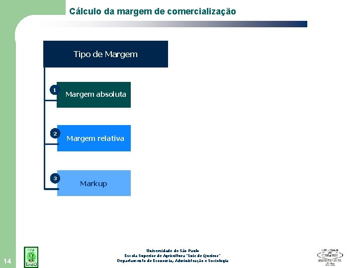 Cálculo da margem de comercialização Tipo de Margem 1 2 3 14 Margem absoluta