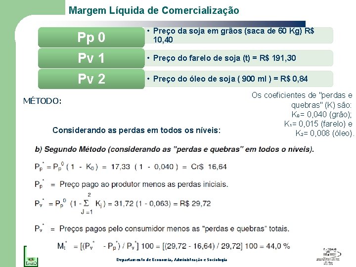 Margem Líquida de Comercialização Pp 0 • Preço da soja em grãos (saca de