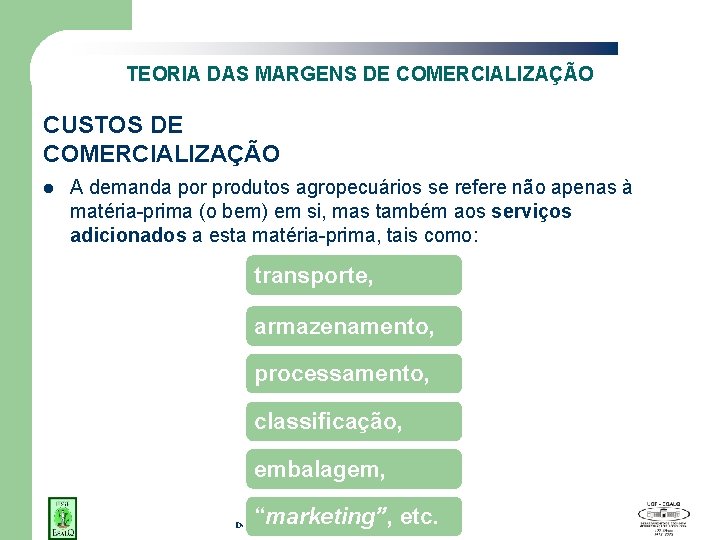 TEORIA DAS MARGENS DE COMERCIALIZAÇÃO CUSTOS DE COMERCIALIZAÇÃO l A demanda por produtos agropecuários