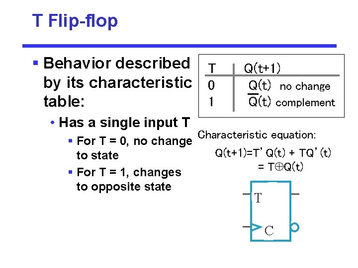 T Flip-flop § Behavior described T by its characteristic 0 1 table: Q(t+1) Q(t)