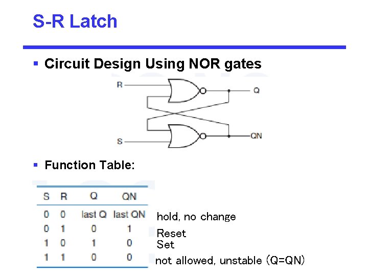 S-R Latch § Circuit Design Using NOR gates § Function Table: hold, no change