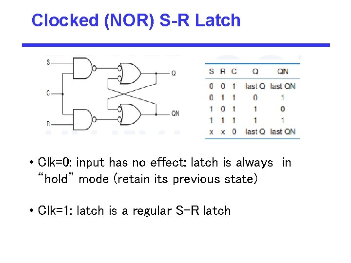 Clocked (NOR) S-R Latch • Clk=0: input has no effect: latch is always in