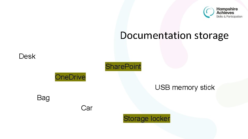 Documentation storage Desk Share. Point One. Drive USB memory stick Bag Car Storage locker