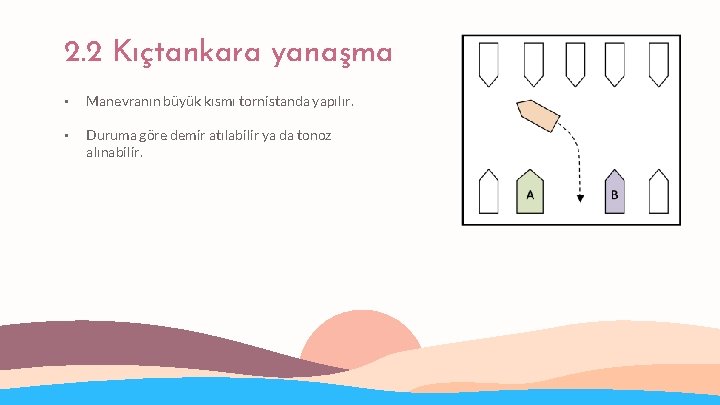 2. 2 Kıçtankara yanaşma • Manevranın büyük kısmı tornistanda yapılır. • Duruma göre demir