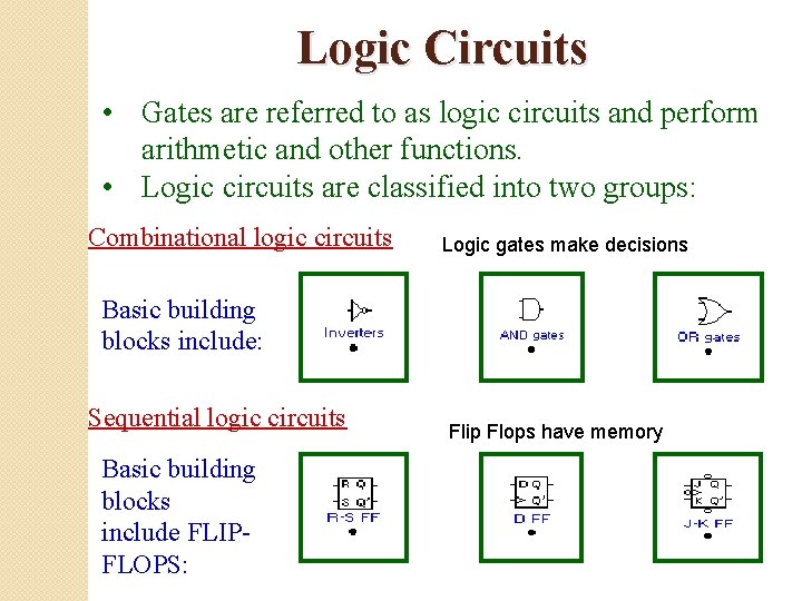 Logic Circuits • Gates are referred to as logic circuits and perform arithmetic and