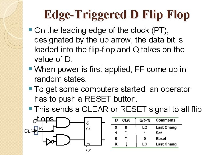 Edge-Triggered D Flip Flop § On the leading edge of the clock (PT), designated