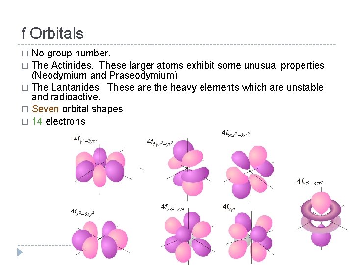 f Orbitals No group number. � The Actinides. These larger atoms exhibit some unusual