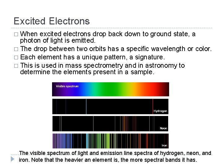 Excited Electrons � When excited electrons drop back down to ground state, a photon