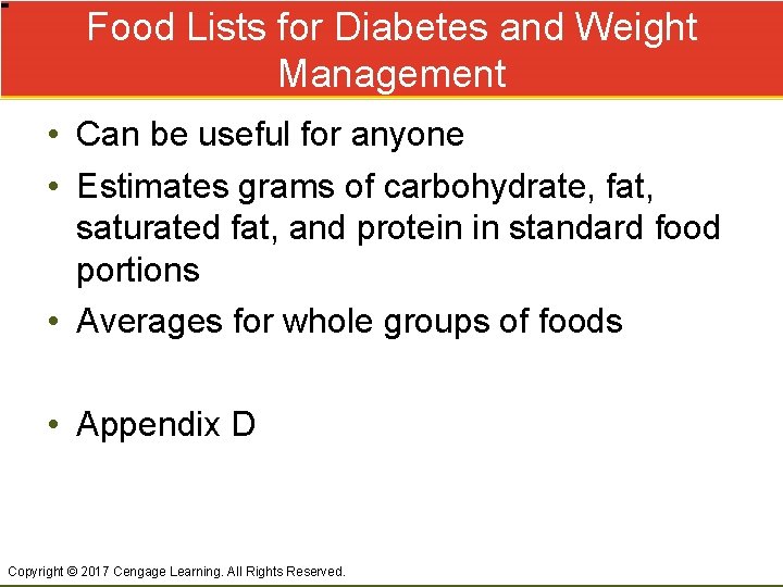Food Lists for Diabetes and Weight Management • Can be useful for anyone •