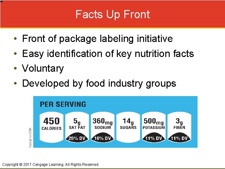 Facts Up Front • • Front of package labeling initiative Easy identification of key