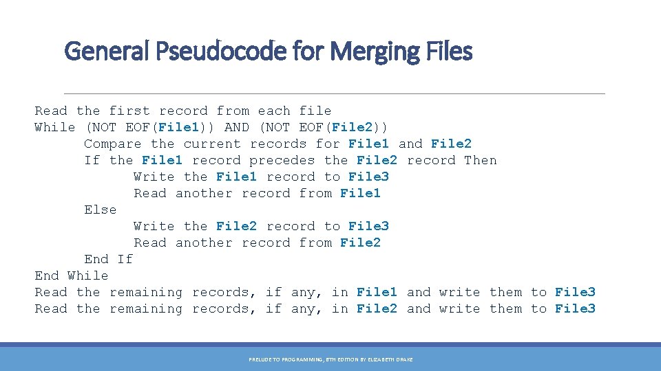 General Pseudocode for Merging Files Read the first record from each file While (NOT