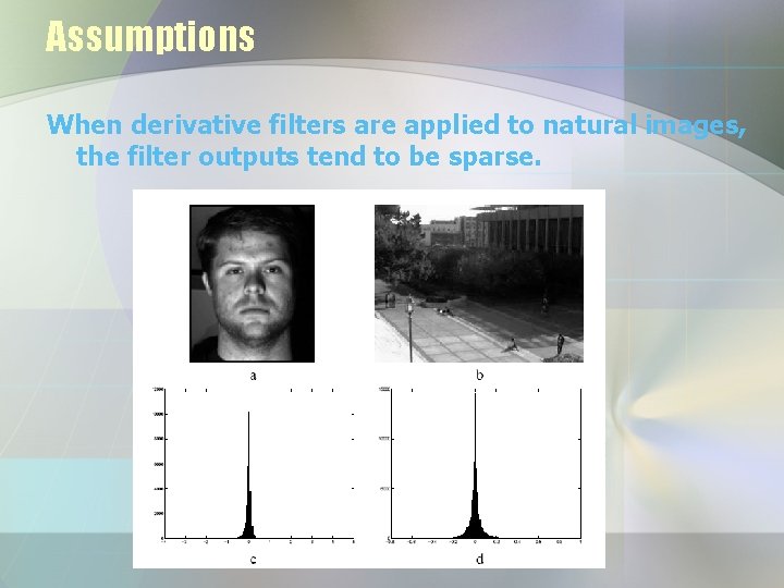 Assumptions When derivative filters are applied to natural images, the filter outputs tend to