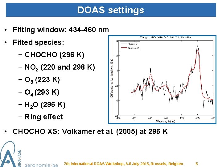 DOAS settings • Fitting window: 434 -460 nm • Fitted species: − CHOCHO (296