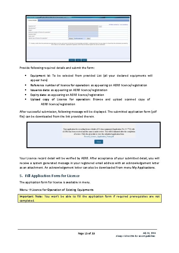 Provide following required details and submit the form: Equipment Id: To be selected from