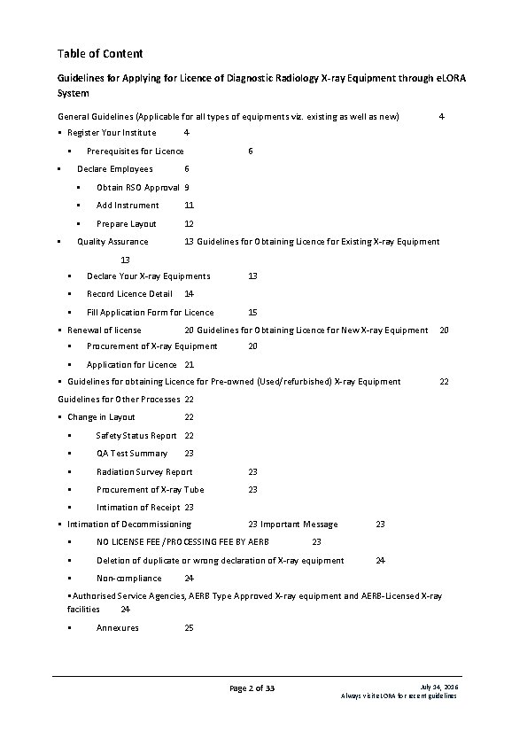 Table of Content Guidelines for Applying for Licence of Diagnostic Radiology X-ray Equipment through