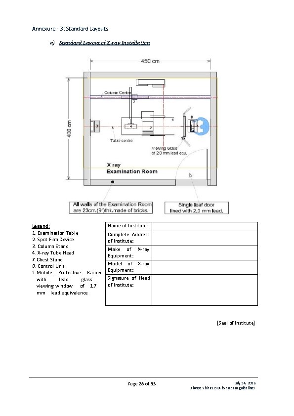 Annexure - 3: Standard Layouts a) Standard Layout of X-ray Installation Legend: 1. Examination