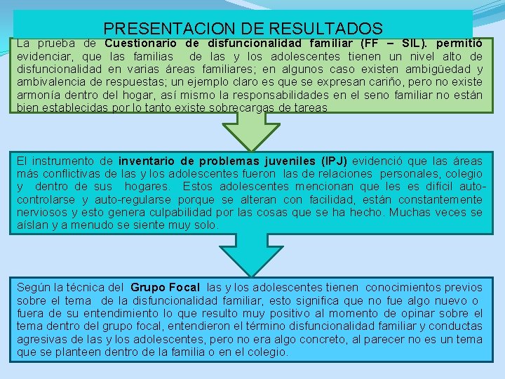 PRESENTACION DE RESULTADOS La prueba de Cuestionario de disfuncionalidad familiar (FF – SIL). permitió