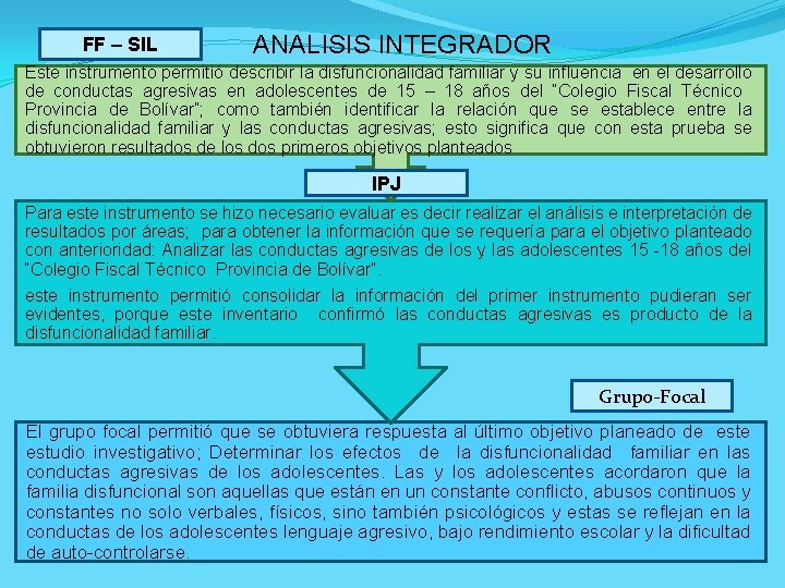 FF – SIL ANALISIS INTEGRADOR Este instrumento permitió describir la disfuncionalidad familiar y su