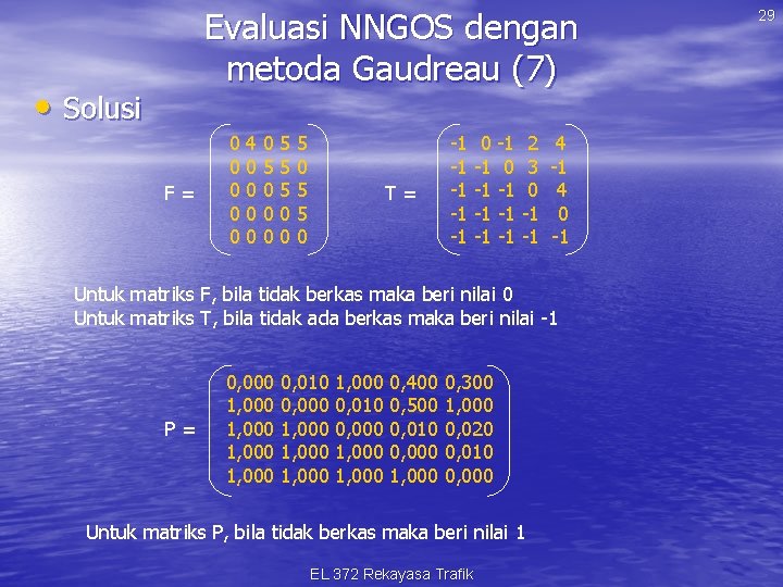 Evaluasi NNGOS dengan metoda Gaudreau (7) • Solusi F= 0 0 0 4 0