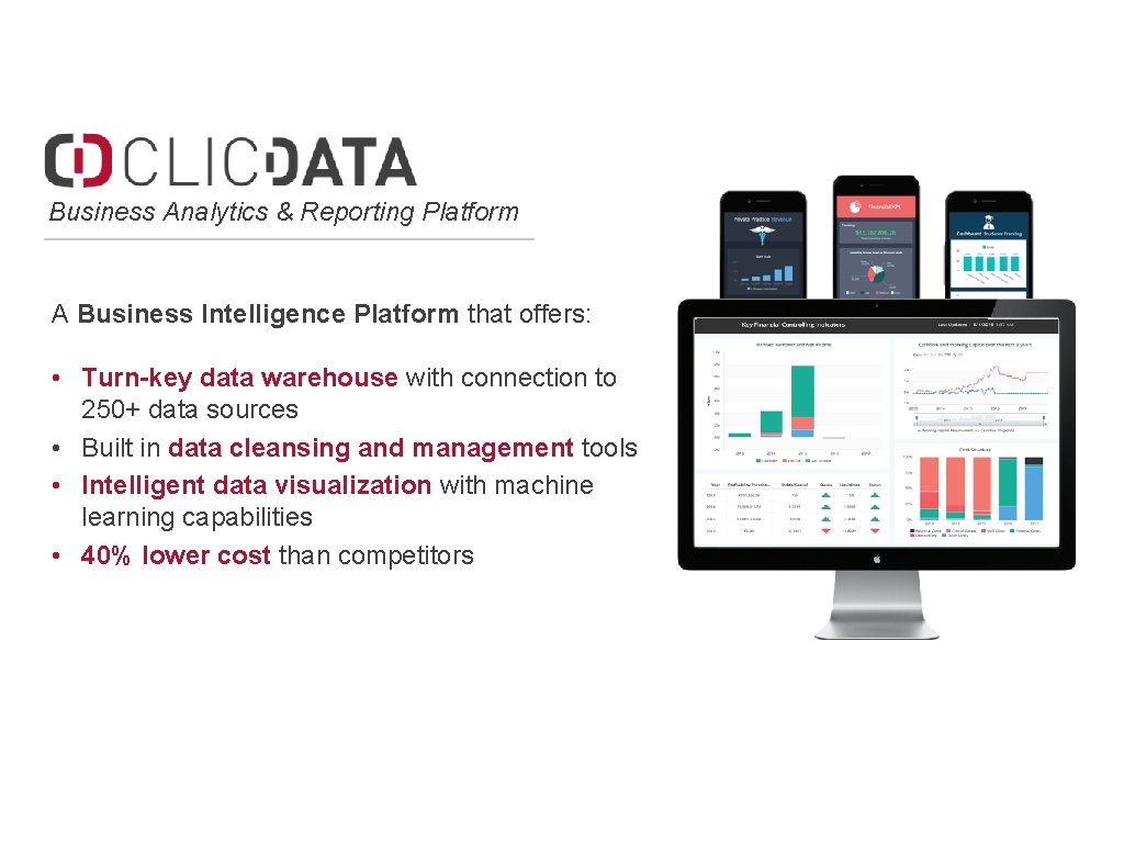 Business Analytics & Reporting Platform A Business Intelligence Platform that offers: • Turn-key data