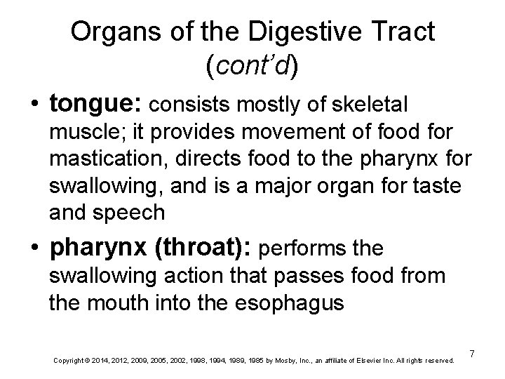 Organs of the Digestive Tract (cont’d) • tongue: consists mostly of skeletal muscle; it
