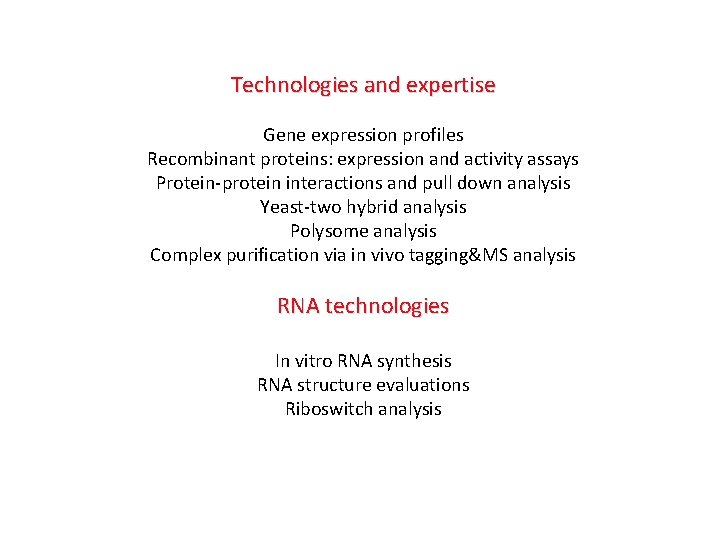 Technologies and expertise Gene expression profiles Recombinant proteins: expression and activity assays Protein-protein interactions Technologies and expertise Gene expression profiles Recombinant proteins: expression and activity assays Protein-protein interactions