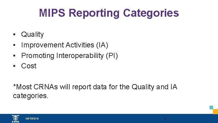 MIPS Reporting Categories • • Quality Improvement Activities (IA) Promoting Interoperability (PI) Cost *Most MIPS Reporting Categories • • Quality Improvement Activities (IA) Promoting Interoperability (PI) Cost *Most
