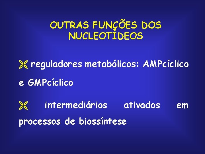OUTRAS FUNÇÕES DOS NUCLEOTÍDEOS Ë reguladores metabólicos: AMPcíclico e GMPcíclico Ë intermediários ativados processos