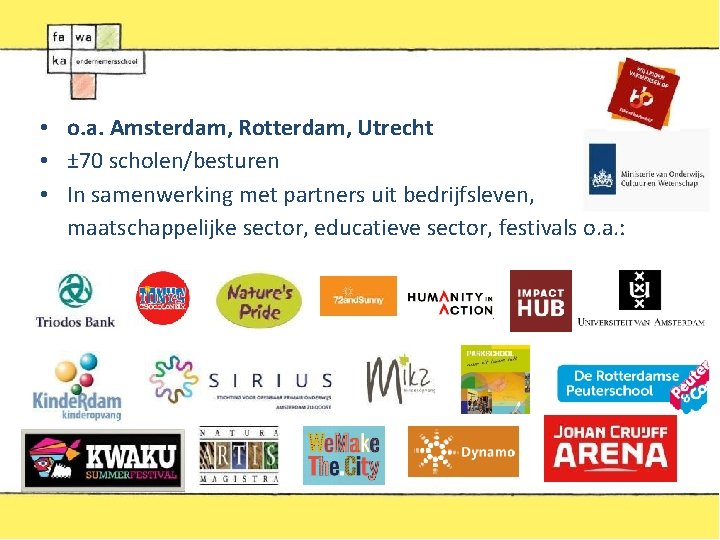  • o. a. Amsterdam, Rotterdam, Utrecht • ± 70 scholen/besturen • In samenwerking