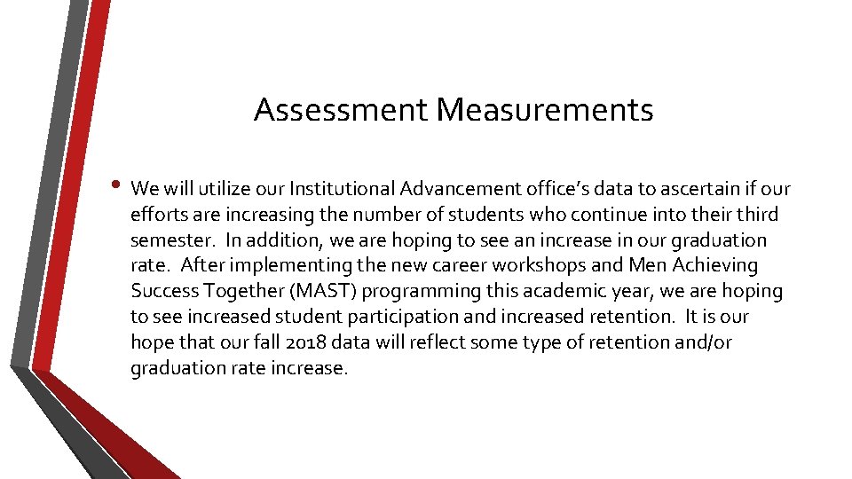 Assessment Measurements • We will utilize our Institutional Advancement office’s data to ascertain if