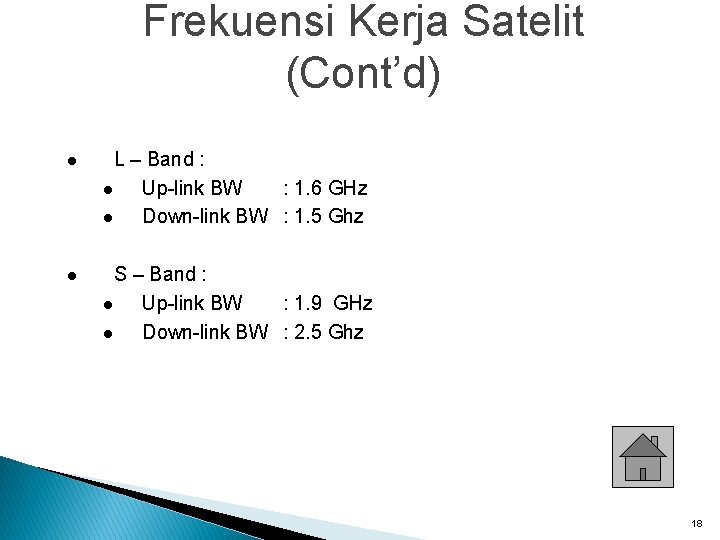 Frekuensi Kerja Satelit (Cont’d) l L – Band : l Up-link BW : 1.