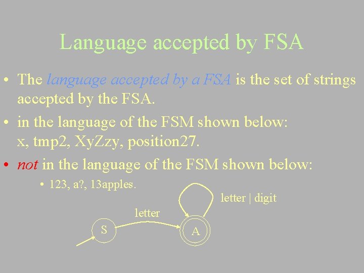 Language accepted by FSA • The language accepted by a FSA is the set