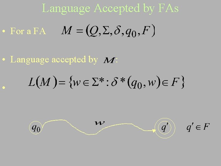 Language Accepted by FAs • For a FA • Language accepted by • :