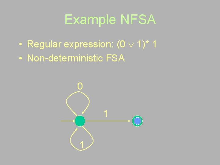 Example NFSA • Regular expression: (0 1)* 1 • Non-deterministic FSA 0 1 1