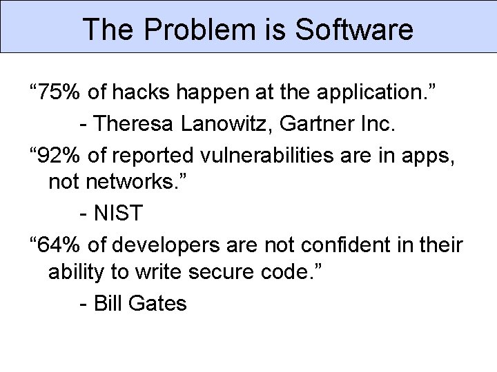 The Problem is Software “ 75% of hacks happen at the application. ” -