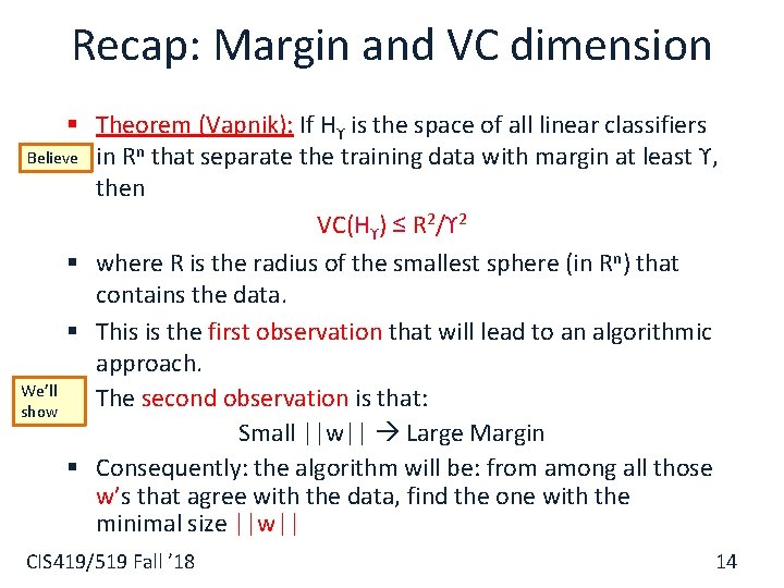 Recap: Margin and VC dimension § Theorem (Vapnik): If Hϒ is the space of