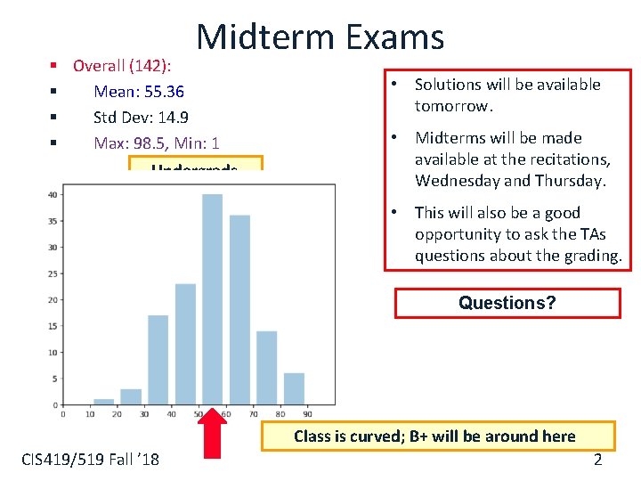 § § Midterm Exams Overall (142): Mean: 55. 36 Std Dev: 14. 9 Max: